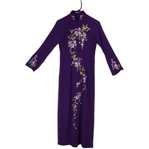 Purple Embroidered Maxi Length Sheer Tunic, Long Sleeve, High Slits, Ao Dai, COS